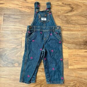OSH KOSH B'GOSH BLUE JEAN BIB OVERALLS 12 M VESTBAK PINK BIRDIE EMBROIDERED